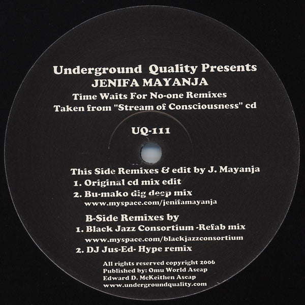 Jenifa Mayanja – Time Waits For No-one Remixes (12", Underground Quality, 2007) Front Cover