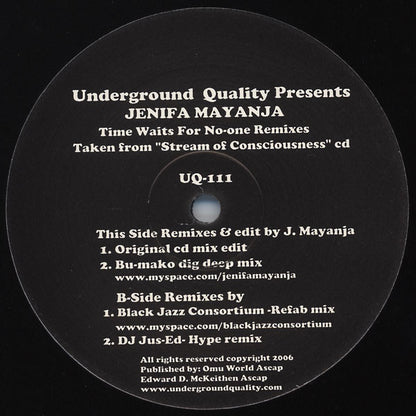 Jenifa Mayanja – Time Waits For No-one Remixes (12", Underground Quality, 2007) Front Cover