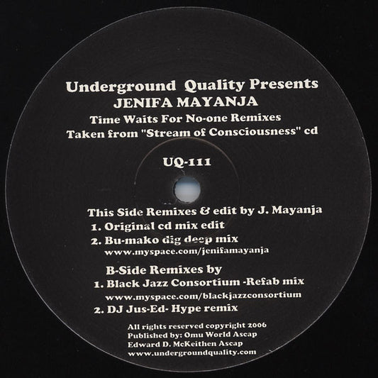 Jenifa Mayanja – Time Waits For No-one Remixes (12", Underground Quality, 2007) Front Cover