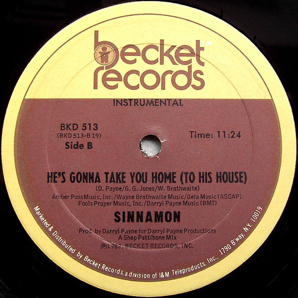 Sinnamon – He's Gonna Take You Home (To His House) (12", Becket Records, 1982) Back Cover
