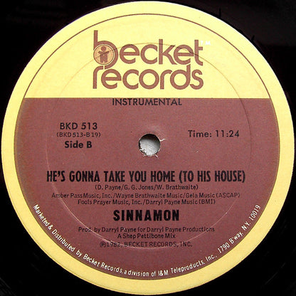 Sinnamon – He's Gonna Take You Home (To His House) (12", Becket Records, 1982) Back Cover