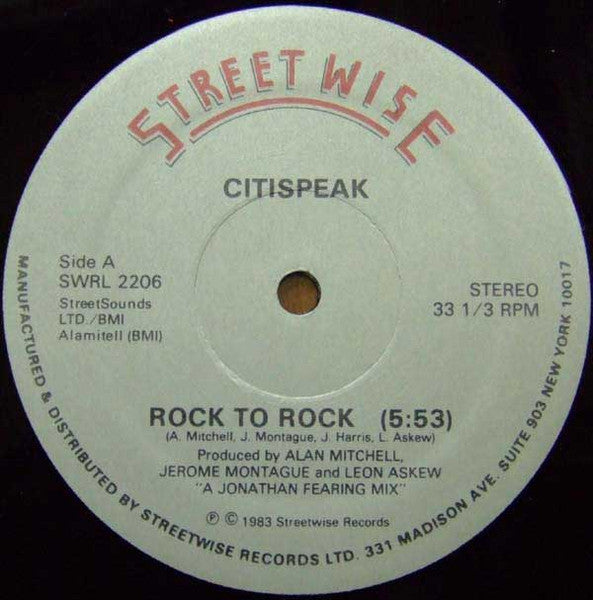 Citispeak – Rock To Rock (12", Streetwise, 1983) Front Cover