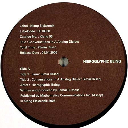 Hieroglyphic Being – Conversations In A Analog Dialect (12", Klang Elektronik, 2005) Front Cover
