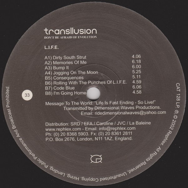 Transllusion – L.I.F.E. (LP, Rephlex, 2002) Back Cover