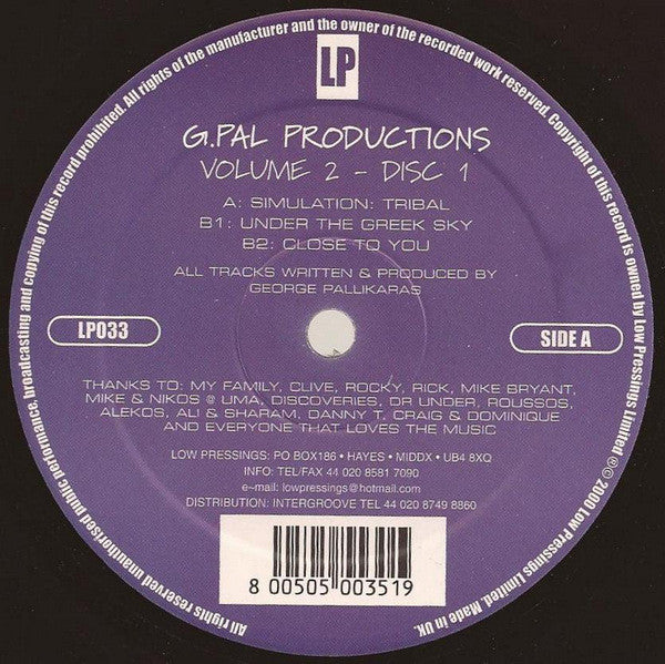 G-Pal – G-Pal Productions Volume 2 (2x12", Low Pressings, 2001) Front Cover