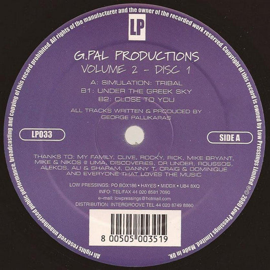 G-Pal – G-Pal Productions Volume 2 (2x12", Low Pressings, 2001) Front Cover