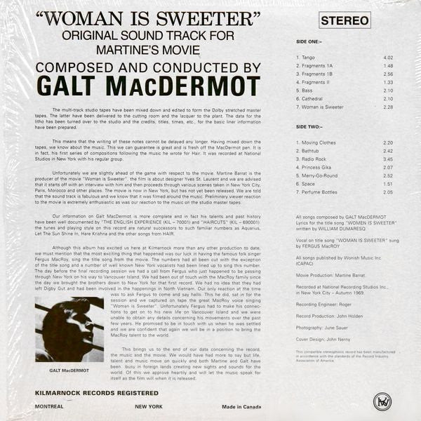 Galt MacDermot – Woman Is Sweeter (Original Soundtrack) (LP, Kilmarnock, 0) Back Cover