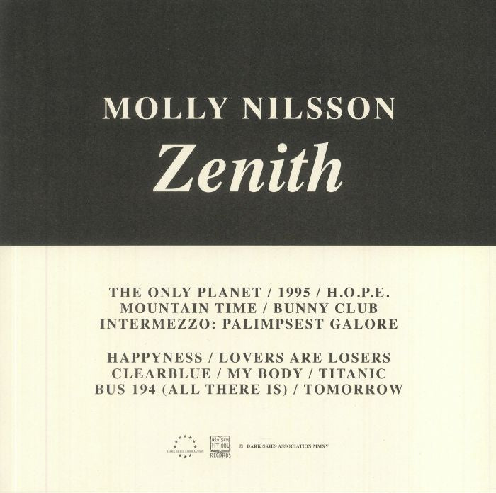 Molly Nilsson – Zenith (LP, Red Gold, Dark Skies Association, 2025) Back Cover