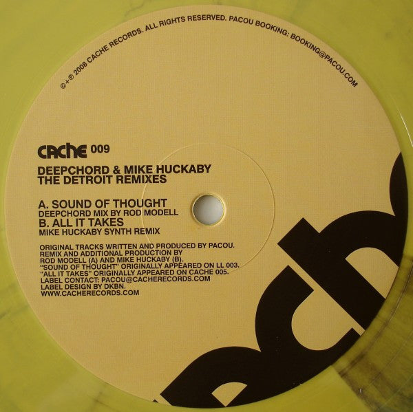 DeepChord & Mike Huckaby – The Detroit Remixes (12", Yellow, Marbled, Cache Records, 2008) Back Cover