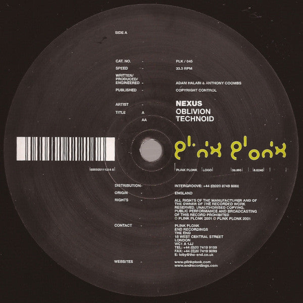 Nexus – Oblivion / Technoid (12", Plink Plonk, 2001) Front Cover