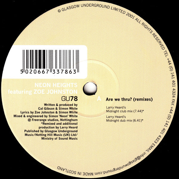 Neon Heights Featuring Zoe Johnston – Are We Thru? (Remixes) (12", Glasgow Underground, 2001) Image 3