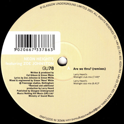 Neon Heights Featuring Zoe Johnston – Are We Thru? (Remixes) (12", Glasgow Underground, 2001) Image 3