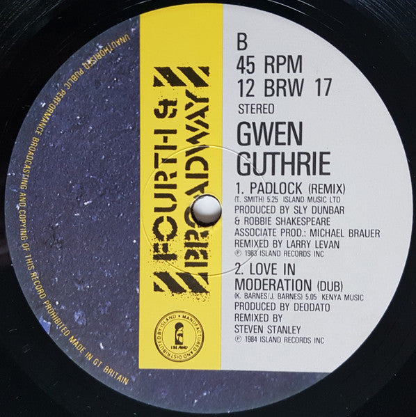 Gwen Guthrie – Love In Moderation (12", Company Sleeve, 4th & Broadway, 1985) Back Cover