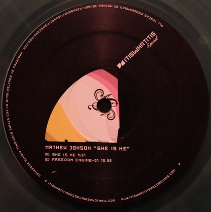 Mathew Jonson – She Is He (12", Aqua, Transparent, Itiswhatitis Recordings, 2002) Front Cover