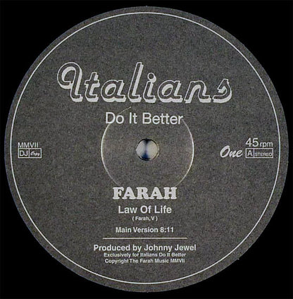 Farah – Law Of Life (12", Italians Do It Better, 2007) Back Cover