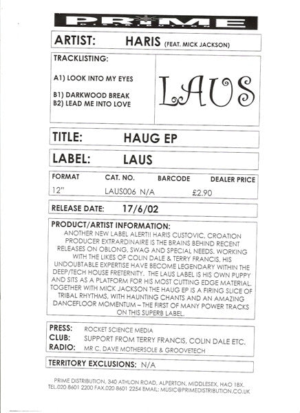Haris Feat Mick Jackson – Haug EP (12", Laus Records, 2002) Back Cover
