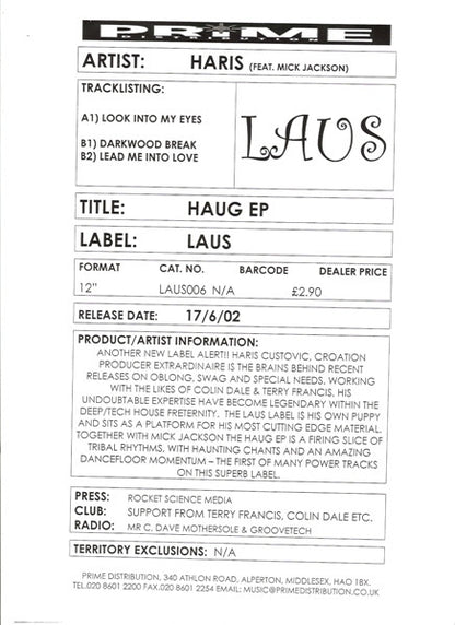 Haris Feat Mick Jackson – Haug EP (12", Laus Records, 2002) Back Cover