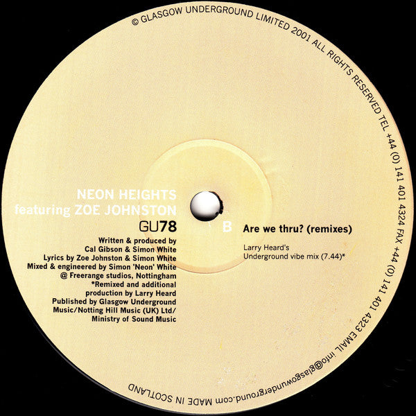 Neon Heights Featuring Zoe Johnston – Are We Thru? (Remixes) (12", Glasgow Underground, 2001) Image 4