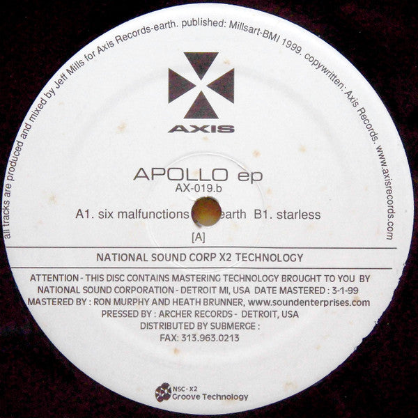 Jeff Mills – Apollo EP (12", Axis, 1999) Front Cover