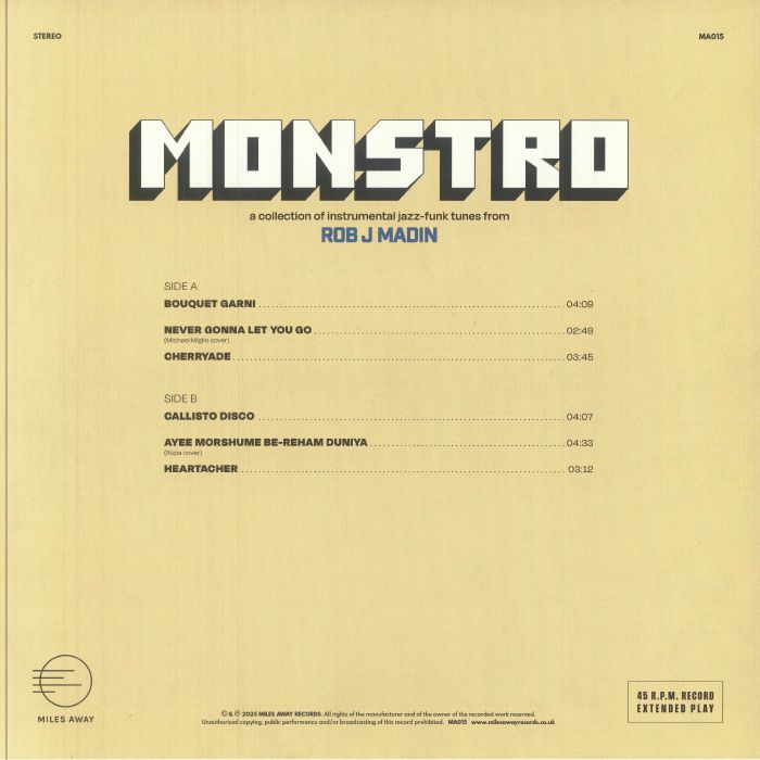 Rob J Madin – Monstro (12", Miles Away, 2025) Back Cover