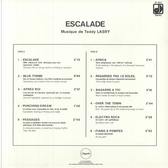 Teddy Lasry – Escalade (LP, Vinymatic RECORDS, 2025) Back Cover