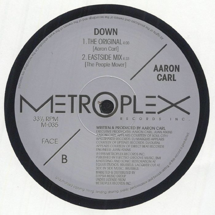 Aaron Carl – Down (12", Metroplex, 2025) Back Cover