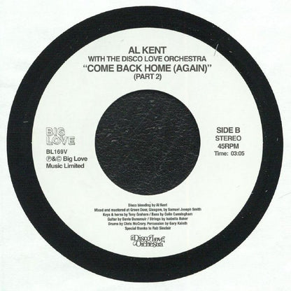 Al Kent With The Disco Love Orchestra – Come Back Home (Again) (7", Big Love, 2026) Back Cover
