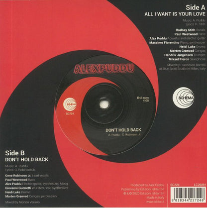 Alex Puddu – All I Want Is Your Love / Don't Hold Back (7", Schema, 2020) Back Cover