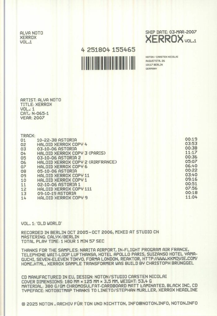 Alva Noto – Xerrox Vol.1 (CD, Noton, 2026) Back Cover