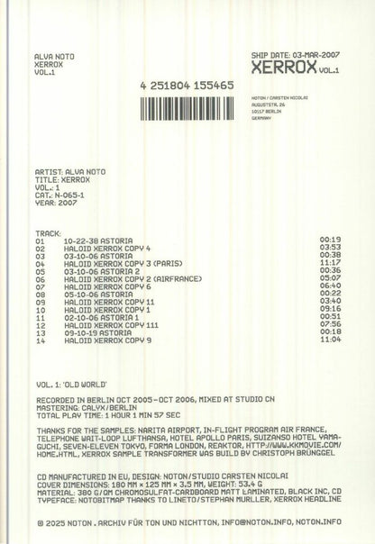 Alva Noto – Xerrox Vol.1 (CD, Noton, 2026) Back Cover