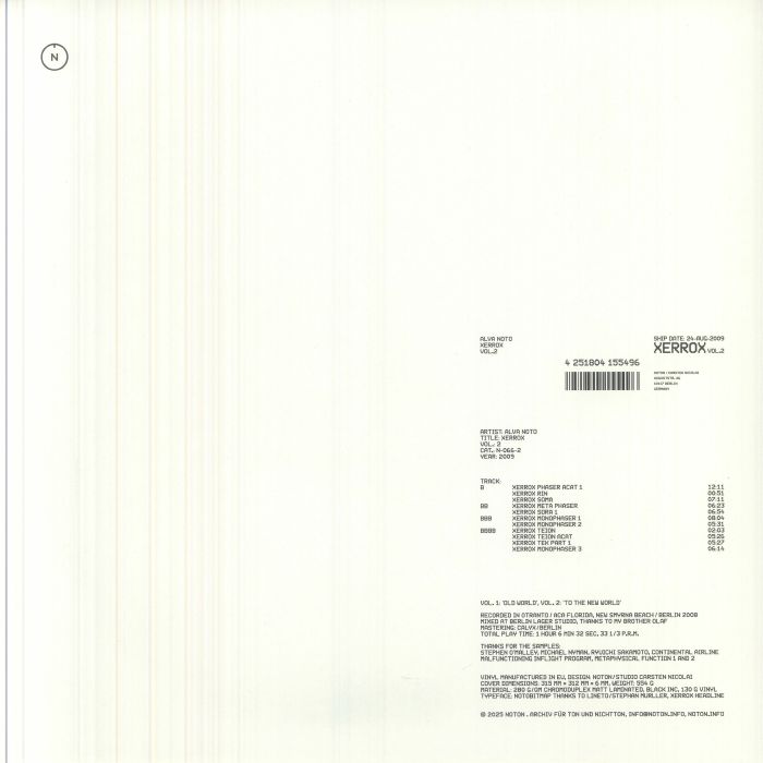 Alva Noto – Xerrox Vol.2 (2xLP, Noton, 2026) Back Cover