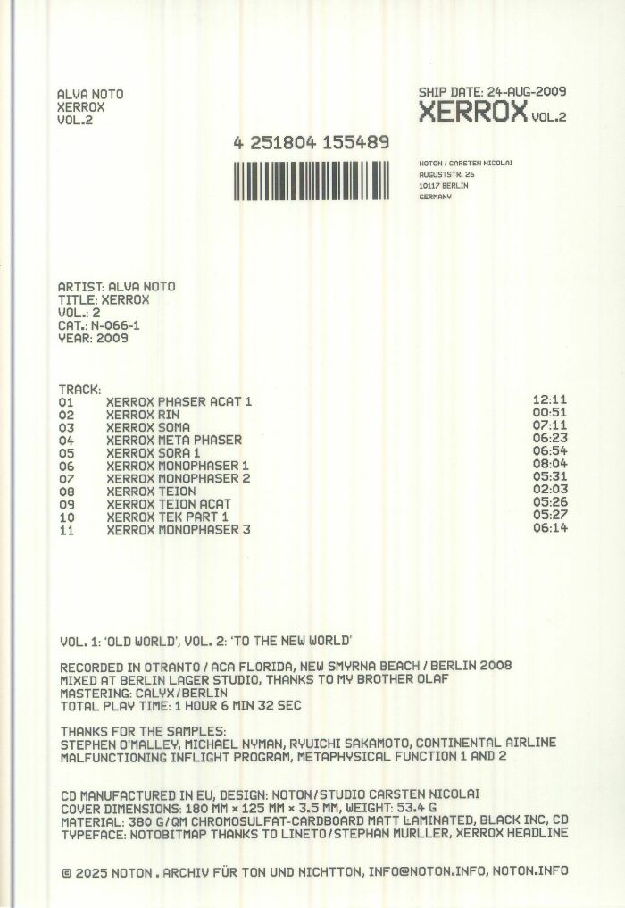 Alva Noto – Xerrox Vol.2 (Remaster) (CD, Noton, 2026) Back Cover