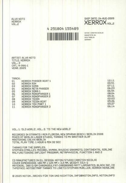 Alva Noto – Xerrox Vol.2 (Remaster) (CD, Noton, 2026) Back Cover