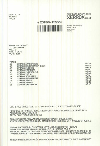 Alva Noto – Xerrox Vol.3 (Remaster) (CD, Noton, 2026) Back Cover