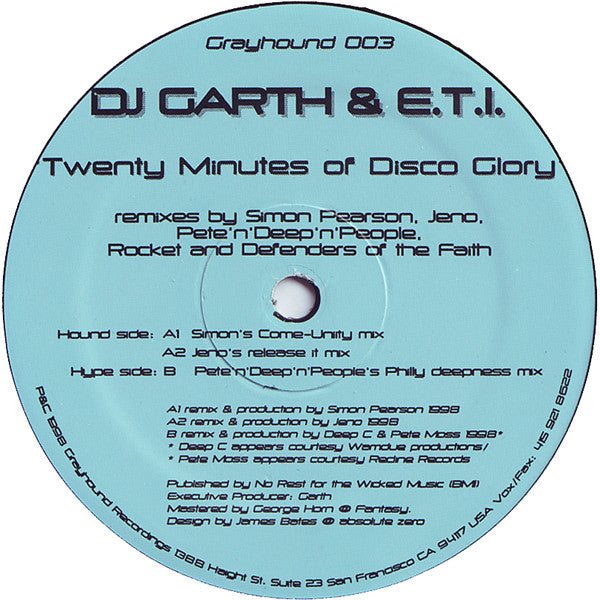 DJ Garth & E.T.I. – Twenty Minutes Of Disco Glory (2x12", Grayhound Recordings, 1998) Back Cover