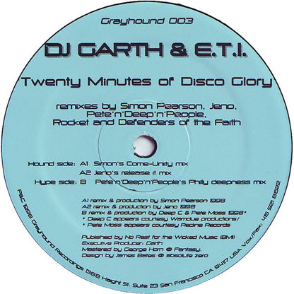 DJ Garth & E.T.I. – Twenty Minutes Of Disco Glory (2x12", Grayhound Recordings, 1998) Back Cover