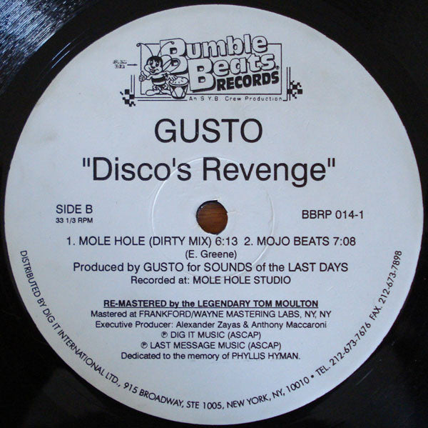 Gusto – Disco's Revenge (12", Bumble Beats Records, 1995) Back Cover