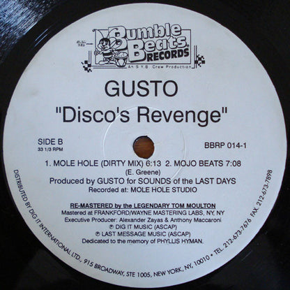 Gusto – Disco's Revenge (12", Bumble Beats Records, 1995) Back Cover