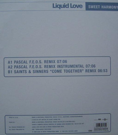 Liquid Love – Sweet Harmony (12", Gang Go Music, 1999) Back Cover