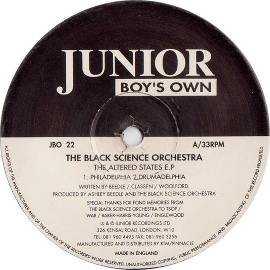 The Black Science Orchestra – The Altered States E.P (12", Junior Boy's Own, 1994) Front Cover