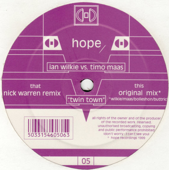 Ian Wilkie Vs. Timo Maas – Twin Town (12", Hope Recordings, 1999) Front Cover