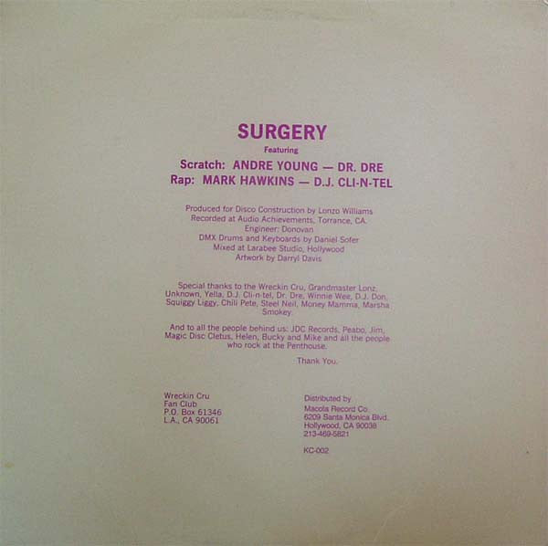 The Wreckin' Cru' – Surgery (12", Kru-Cut Records, 1984) Back Cover