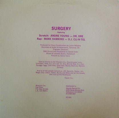 The Wreckin' Cru' – Surgery (12", Kru-Cut Records, 1984) Back Cover