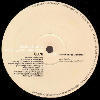 Neon Heights Featuring Zoe Johnston – Are We Thru? (Remixes) (12", Glasgow Underground, 2001) Back Cover