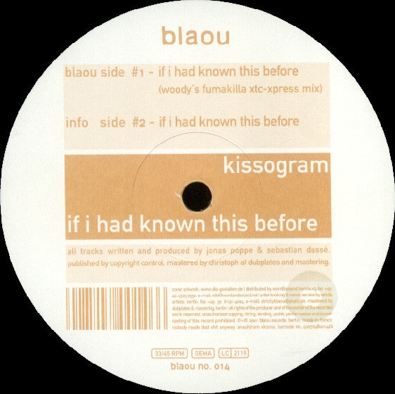 Kissogram – If I Had Known This Before (12", Blaou, 2001) Front Cover