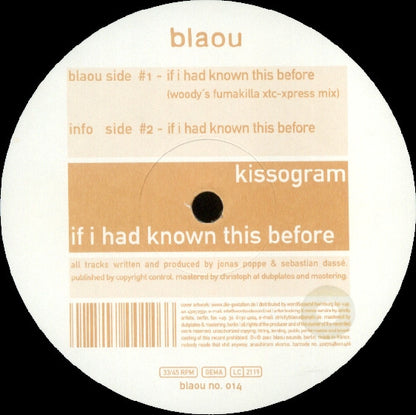 Kissogram – If I Had Known This Before (12", Blaou, 2001) Front Cover