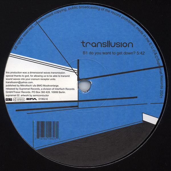 Transllusion – Mind Over Positive And Negative Dimensional Matter (12", Supremat, 2001) Back Cover
