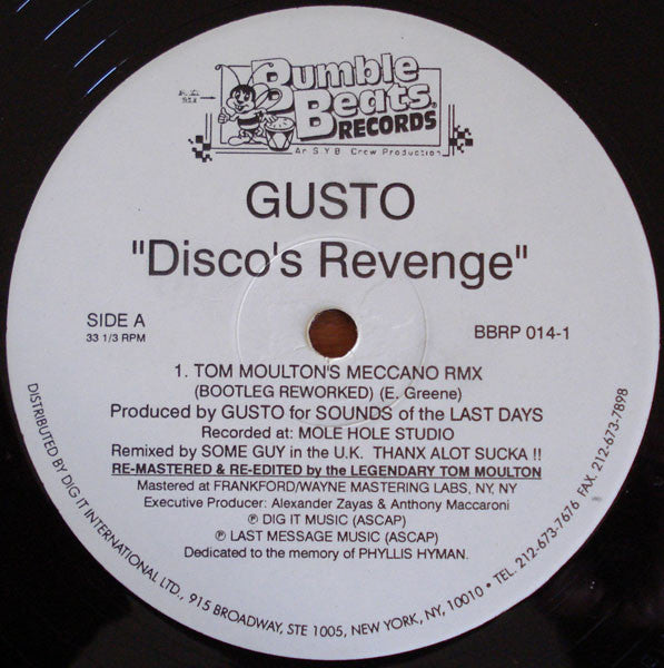 Gusto – Disco's Revenge (12", Bumble Beats Records, 1995) Front Cover