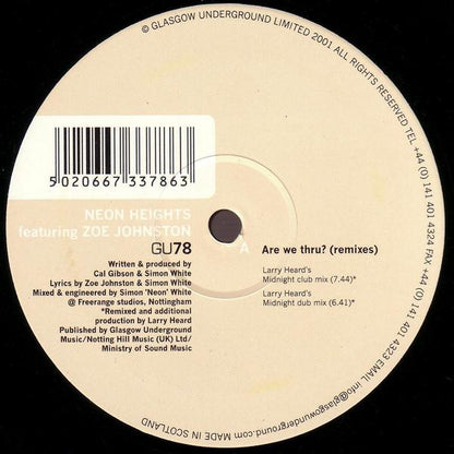 Neon Heights Featuring Zoe Johnston – Are We Thru? (Remixes) (12", Glasgow Underground, 2001) Front Cover