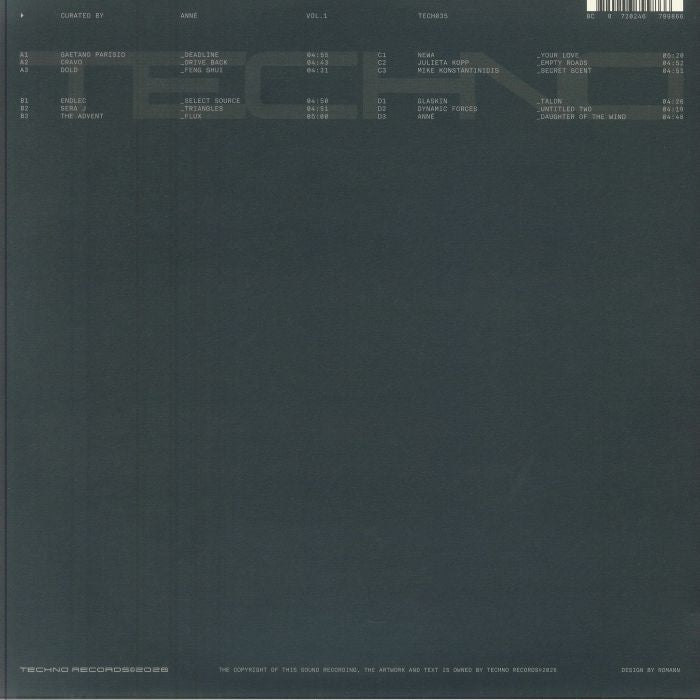ANNĒ – Techno (Vol.1) (2x12"+CD, Translucent Orange, TECHNO Records, 2026) Back Cover